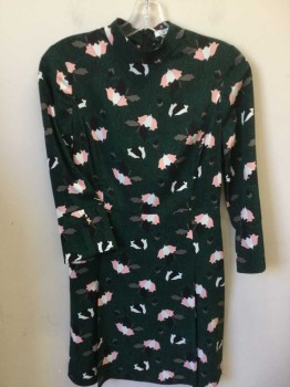 DEREK LAM, Black, Green, Pink, Gray, White, Polyester, Floral, Abstract , Black W/green, Pink, White, Gray Floral Abstract Print, Mandarin  Collar Attached, 2 Pleat Front, and 2 Side Pockets Skirt, Zip Back, 3/4 Sleeves with 2 Buttons on Cuffs
