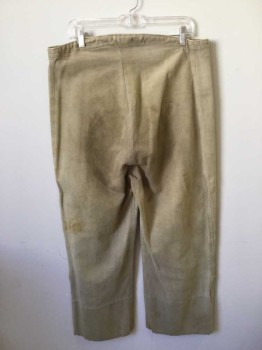 M.T.O., Khaki Brown, Cotton, Solid, Geometric, Western Style Worker Pants 1800's Aged with Red & Brown Patchwork at Left Knee, Button Fly. Aged Saddle Imprint on Buttocks