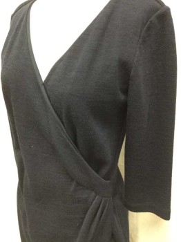 BROOKS BROTHERS, Black, Wool, Nylon, Heathered, Heather Black, Stretchy, Over Lap V-neck W/3 Pleat (to the Side), 3/4 Sleeves, Zip Back,