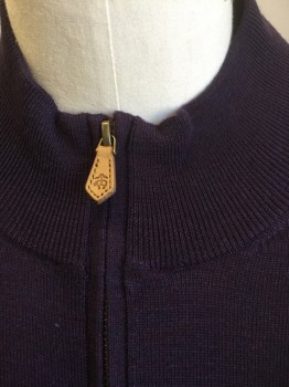 BROOKS BROTHERS, Aubergine Purple, Wool, Solid, Lightweight Knit, Mock Neck, 8" Long Zipper at Center Front Neck, Long Sleeves