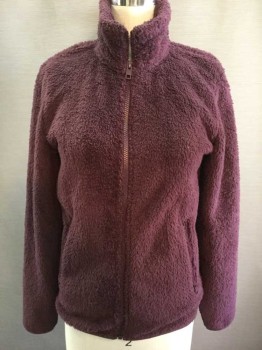 TNA, Red Burgundy, Polyester, Solid, Fuzzy Fleece, Long Sleeves, Collar Attached, Zip Up, 2 Pockets