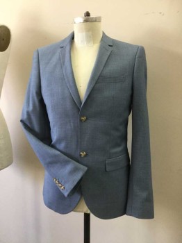 TOPMAN, Lt Blue, Polyester, Viscose, Heathered, 2 Button Single Breasted, 1 Welt Pocket, 2 Pockets with Flaps