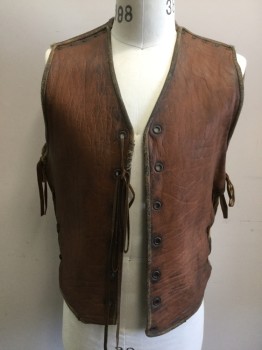 Mens, Vest, MTO, Sienna Brown, Tan Brown, Brass Metallic, Leather, Metallic/Metal, Solid, 38/40, Timeless, Medieval Space Cowboy, V-neck, Lacing/Ties with Gromet Holes Center Front and Sides,