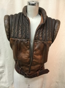 Womens, Sci-Fi/Fantasy Vest, MTO, Brown, Caramel Brown, Faux Leather, Solid, C: 33, Texture , Sleevless with Large Piping Collar Trim , and Sleeves  Open Front with Belt Attached , Brass Buttons , Large Arm Hole