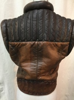 Womens, Sci-Fi/Fantasy Vest, MTO, Brown, Caramel Brown, Faux Leather, Solid, C: 33, Texture , Sleevless with Large Piping Collar Trim , and Sleeves  Open Front with Belt Attached , Brass Buttons , Large Arm Hole