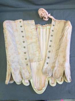 MTO, Peach Orange, Cotton, Floral, 1700'S Floral Cotton Brocade, Cream Piping Trim. Tabs at Waist. Heavy Boned Front, Lacing Center Back, with Lacing