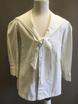 Childrens, Shirt 1890s-1910s, MTO, White, Cotton, Solid, B: 32, B.F., Sailor Collar, 1 Pocket, Long Sleeves, Self Tie Center Front,