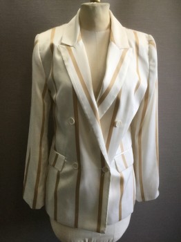 VINCE CAMUTO, White, Camel Brown, Polyester, Stripes, Double Breasted, Silk-look, Peaked Lapel, 2 Pockets