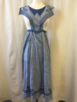 Womens, Apron , NL , Blue, White, Cotton, Gingham, 23+, Solid Blue Trim & Faux Collar, Crew Neck, Criss Cross Back with Self Tie