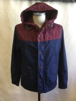 DIVIDED, Navy Blue, Maroon Red, Poly/Cotton, Color Blocking, Thin, Zip/Snap Front, Attached Drawstring Hood, 4 Pockets, Tab Snap Cuff