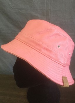 Womens, Hat , PINK DOLPHIN, Salmon Pink, Faux Leather, Solid, L/XL, Stitched Brim Bucket Hat, Silver Grommet Detail, Black Twill Lining