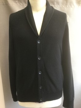 RAG & BONE, Black, Wool, Cotton, Solid, Bumpy Textured Knit, Long Sleeves, Shawl Lapel, 5 Button Front, 2 Welt Pockets