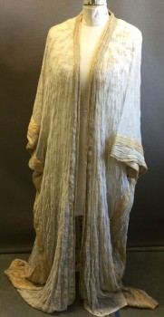 Unisex, Historical Fiction Robe , MTO, White, Gold, Cotton, Floral, Stripes, O/S, Diaphanous Robe, White Gauze with Leaf Print, Gold Pleated Trim with Gold Stripe Embroidery, Center Back and Side Trim Same As Lapel, (hole in Right Shoulder) (hole Front Left Hem)
