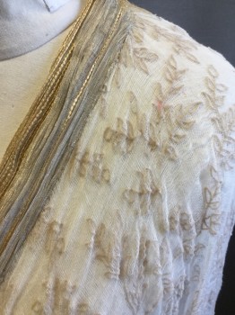 Unisex, Historical Fiction Robe , MTO, White, Gold, Cotton, Floral, Stripes, O/S, Diaphanous Robe, White Gauze with Leaf Print, Gold Pleated Trim with Gold Stripe Embroidery, Center Back and Side Trim Same As Lapel, (hole in Right Shoulder) (hole Front Left Hem)