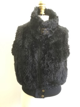 XXI, Black, Faux Fur, Acrylic, Solid, Faux Fur Vest, Zip Front, Collar Attached, Buckle Tab Collar Closure, Ribbed Knit Waistband with Snap Tab Closure