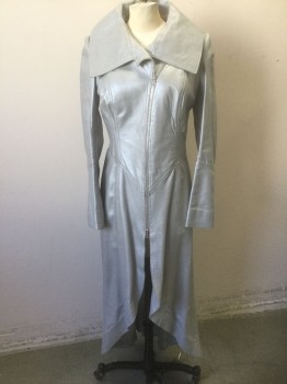 Womens, Sci-Fi/Fantasy Coat/Robe, N/L, Gray, Leather, Solid, W:31, B:36, Zip Front, Wide/Oversized Collar Attached, Slit/Open at Center Front Below Zipper & Center Back, Curved Front Opening, Floor Length, V Shaped Waist Seam, 3 Snaps at Cuffs, Made To Order