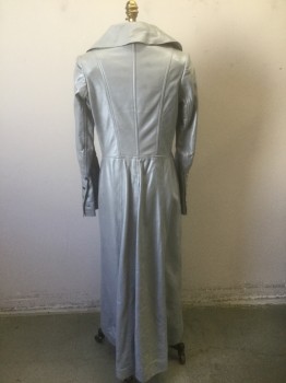 Womens, Sci-Fi/Fantasy Coat/Robe, N/L, Gray, Leather, Solid, W:31, B:36, Zip Front, Wide/Oversized Collar Attached, Slit/Open at Center Front Below Zipper & Center Back, Curved Front Opening, Floor Length, V Shaped Waist Seam, 3 Snaps at Cuffs, Made To Order