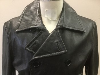 BANANA REPUBLIC, Black, Leather, Solid, Car Coat Length, Peaked Lapel, Double Breasted, Pocket Flaps, Crinkled Leather