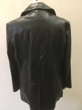 BANANA REPUBLIC, Black, Leather, Solid, Car Coat Length, Peaked Lapel, Double Breasted, Pocket Flaps, Crinkled Leather