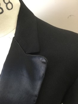 Mens, Tailcoat 1890s-1910s, M. MOSES & SON, Black, Wool, Solid, 38R, with Silk Satin Panel on Peaked Lapel, Buttons are Metal Shank Buttons (Likely Were Fabric Covered But Fabric Worn Off), Black Lining,