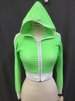 BUSY B., Neon Green, White, Polyester, Solid, Color Blocking, Sports Mesh, Zip Front, Hoodie, Cropped, Rave, Raglan Sleeves,