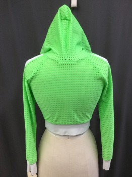 BUSY B., Neon Green, White, Polyester, Solid, Color Blocking, Sports Mesh, Zip Front, Hoodie, Cropped, Rave, Raglan Sleeves,