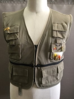 Mens, Wilderness Vest, CLEAR WATER, Olive Green, Cotton, Solid, L, Fishing Vest, Zip Front, Mesh Upper, Cotton Lower, Multiple Cargo Pockets, Lures Attached