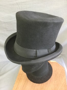 Mens, Top Hat, AB BARRAQNDOV, Black, Polyester, Solid, 7 1/4, Beaver, Grosgrain Band, Bow and Edge Trim