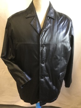 EXCELLED, Black, Silver, Leather, Solid, Diamonds, Notched Lapel, Dark Silver Diamond Quilt Lining, Single Breasted, 3 Large Button Front, 4 Pockets, Long Sleeves,