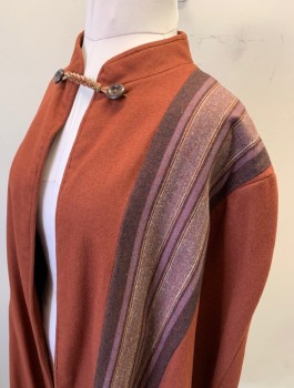 Womens, Historical Fiction Cape, N/L MTO, Rust Orange, Dusty Lavender, Espresso Brown, Wool, Solid, Stripes, O/S, Brown/Lavender/Gray Stripes at 1 Shoulder/Side, Stand Collar, Open Fron with 2 Buttons and Braided Leather Loop Closure, Hip Length, No Lining, Made To Order 1800's