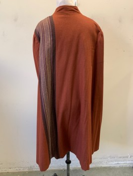 Womens, Historical Fiction Cape, N/L MTO, Rust Orange, Dusty Lavender, Espresso Brown, Wool, Solid, Stripes, O/S, Brown/Lavender/Gray Stripes at 1 Shoulder/Side, Stand Collar, Open Fron with 2 Buttons and Braided Leather Loop Closure, Hip Length, No Lining, Made To Order 1800's