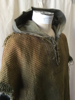 MTO, Olive Green, Chartreuse Green, Cotton, Ombre, Color Blocking, Hooded, Patchwork, Basket Weave and Rough Cotton, Aged/Distressed,  All Seems Showing with Raw Edges, Sleeveless, Forrest Dweller, Medieval Baja Hoodie, Pull Over with Lacing/Ties 1/2 Placket, Hobbit, Dwarf