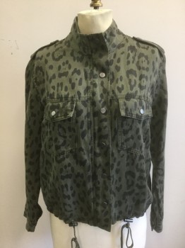 RAILS, Olive Green, Black, Lyocell, Linen, Animal Print, Olive with Black Leopard Spots, Twill, Zip and Snap Front, Stand Collar, Epaulettes at Shoulders, 2 Pockets with Snap Closures, Drawstring Waist