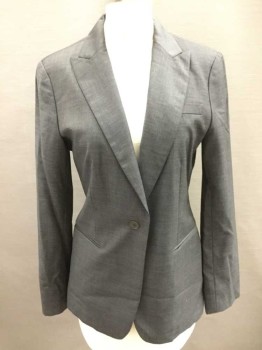 CALVIN KLEIN, Gray, Wool, Silk, Solid, Single Breasted, Collar Attached,  Peaked Lapel, 3 Pockets, 1 Button,