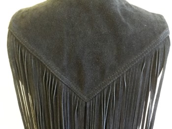 Womens, Leather Vest, TOP SHOP, Black, Leather, Solid, 4, Western Style, Yoke Front & Back with 23" Self Fringes, Open Front