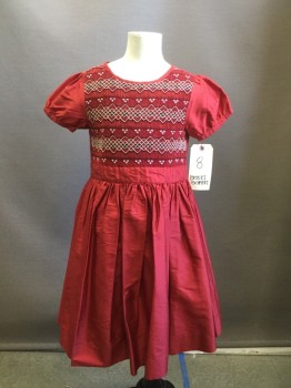 Childrens, Party Dress, BROOKS BROTHERS , Red, White, Black, Silk, Diamonds, Solid, 8, Taffeta, Smocking Bodice Motif, Short Puff Sleeves, Crew Neck, Gathered Circle Skirt, Center Back Button Up