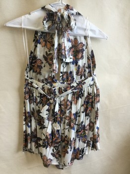Womens, Romper, COTTON CANDY, Off White, Brown, Blue, Orange, Yellow, Rayon, Floral, M, Halter, 2" Waistband Front & Elastic Back with Long Self Tie