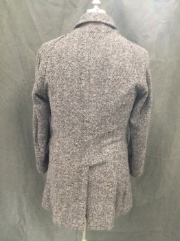 BILLY REID , Black, White, Lt Brown, Wool, Acrylic, Tweed, Basket Weave, Short, Button Front, Collar Attached, 4 Pockets, Long Sleeves, Brown Leather Under Collar