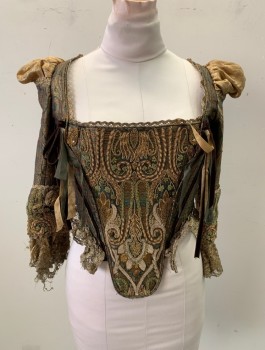 PERIOD CORSETS, Forest Green, Gold, White, Red, Silk, Beaded, Floral, Solid, BODICE:Ornate Silk Brocade with Beading, Gold Lace Trim, Stomacher, Brown Velvet Ribbon with Brown and Olive Ribbons, Gold Puff Sleeve Tops, 3/4 Sleeve with Beaded Turned Back Cuff, Ruffle Lace Cuff, Hook & Eye Lace Up Back, Renaissance *Right Cuff Shredded*