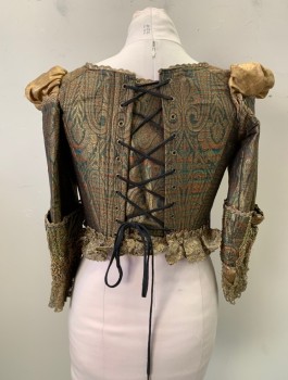 PERIOD CORSETS, Forest Green, Gold, White, Red, Silk, Beaded, Floral, Solid, BODICE:Ornate Silk Brocade with Beading, Gold Lace Trim, Stomacher, Brown Velvet Ribbon with Brown and Olive Ribbons, Gold Puff Sleeve Tops, 3/4 Sleeve with Beaded Turned Back Cuff, Ruffle Lace Cuff, Hook & Eye Lace Up Back, Renaissance *Right Cuff Shredded*