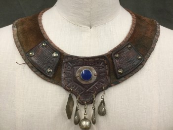 Unisex, Historical Fiction Collar, MTO, Dk Brown, Leather, Metallic/Metal, O/S, Brown Suede Pullover Collar, Brown Leather Trim with Blanket Stitch, Dark Brown Leather Decorative Panels, Hammered, Rivets, Center Front with Blue Stone Ensconces in Silver Medallion, Silver Metal Dangles