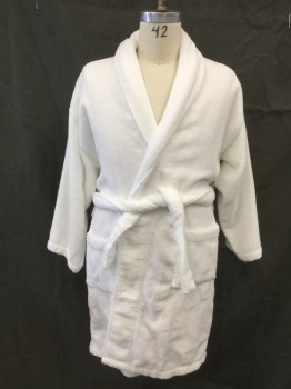 WAMSUTTA, White, Cotton, Solid, Plush Terry Cloth, Shawl Collar, Long Sleeves, 2 Pockets, Self Belt, Belt Loops