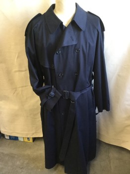 LONDON FOG/FOX 325, Navy Blue, Polyester, Cotton, Solid, Long Coat, Collar Attached, Collar Attached, Epaulettes, 1 Flap Over Right Shoulder, 1 Flap Back Shoulder, Double Breasted, Button Front, 2 Pockets, Self DETACHABLE BELT with 2 Metal D-ring &  Navy Rectangle Buckle, Long Sleeves with Self Belt & Matching Navy Rectangle Buckle, 1 Slit Back Center Hem, (MISSING DETACHABLE LINER)
