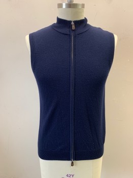 THOMAS DEAN, Navy Blue, Wool, Solid, Zip Front, Ribbed Knit Mock Neck/Armholes/Waistband