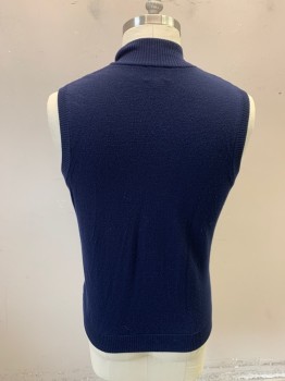 THOMAS DEAN, Navy Blue, Wool, Solid, Zip Front, Ribbed Knit Mock Neck/Armholes/Waistband