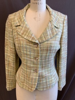 TAHARI, Lt Gray, Brown, White, Lt Blue, Wool, Tweed, Notched Lapel, Single Breasted, Button Front