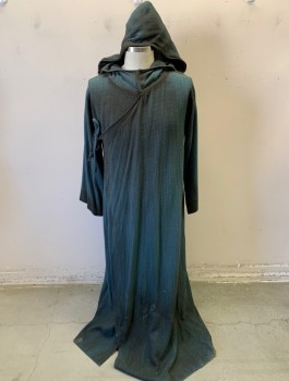 Unisex, Sci-Fi/Fantasy Robe, N/L MTO, Dk Teal, Cotton, Solid, C:42, Homepsun Cloth, Long Sleeves, Floor Length, Hooded, Wrapped Front Closure That Ties with Self Ties at Underarm, Very Aged/Dirty, 3 Snap Closures at Neck, Made To Order