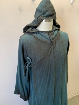 N/L MTO, Dk Teal, Cotton, Solid, Homepsun Cloth, Long Sleeves, Floor Length, Hooded, Wrapped Front Closure That Ties with Self Ties at Underarm, Very Aged/Dirty, 3 Snap Closures at Neck, Made To Order