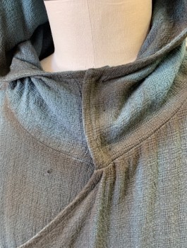 N/L MTO, Dk Teal, Cotton, Solid, Homepsun Cloth, Long Sleeves, Floor Length, Hooded, Wrapped Front Closure That Ties with Self Ties at Underarm, Very Aged/Dirty, 3 Snap Closures at Neck, Made To Order