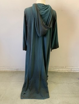 Unisex, Sci-Fi/Fantasy Robe, N/L MTO, Dk Teal, Cotton, Solid, C:42, Homepsun Cloth, Long Sleeves, Floor Length, Hooded, Wrapped Front Closure That Ties with Self Ties at Underarm, Very Aged/Dirty, 3 Snap Closures at Neck, Made To Order